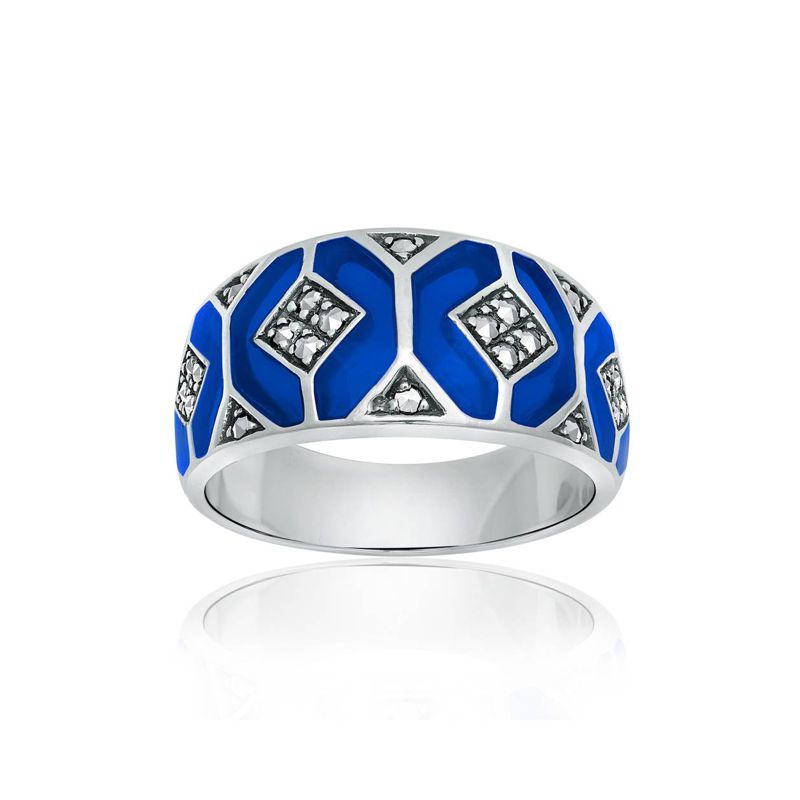 Blue Enamel and Marcasite Octagon Ring - Click Image to Close